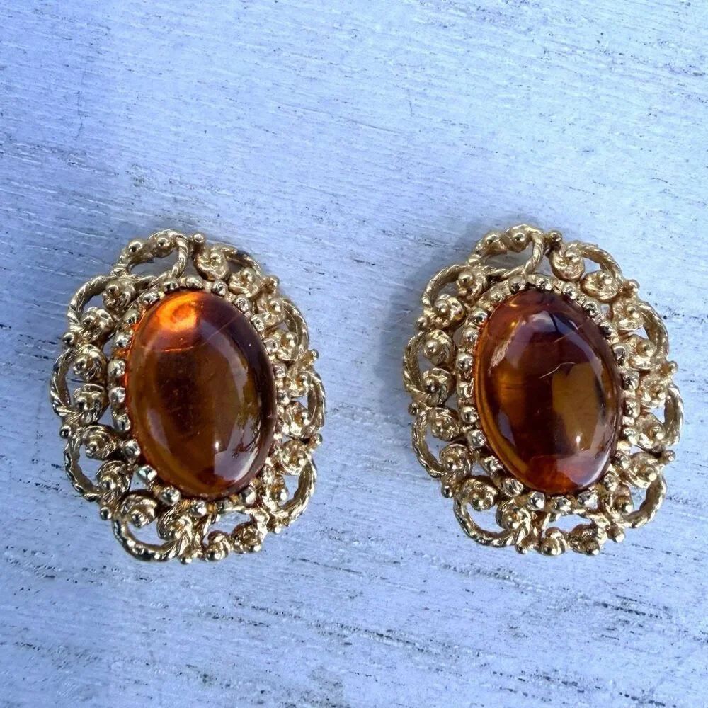 Vintage LS Amber Glass Filigree Clip On Earrings Gold Tone